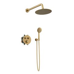 Orabella Terra|Preciosa Brushed Gold - Set εντοιχισμού, με θερμοστατική μπαταρία λουτρού 2 σημείων με στρόγγυλλη κεφαλή, βραχίονα, παροχή - στήριγμα και τηλέφωνο ντουζ με σπιράλ σε διάφορα χρώματα