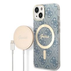 Set Guess GUBPP14MH4EACSB Case+ Charger iPhone 14 Plus 6.7" blue/blue hard case 4G Print MagSafe