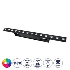 GloboStar® 51204 MEDES Επαγγελματική Μπάρα Φωτισμού Wall Washer LED 14 x 10W 140W 8° AC 220-240V IP20 Πολύχρωμο RGB DMX512 - Μαύρο - Μ100 x Π6.5 x Υ12.5cm - 2 Χρόνια Εγγύση