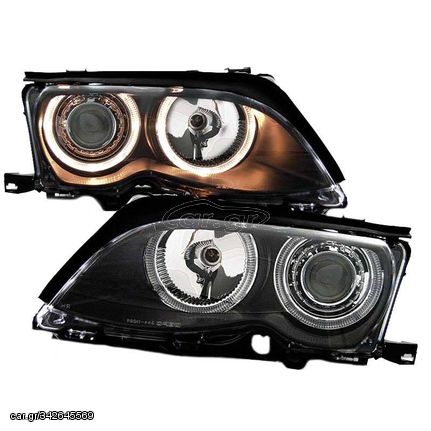 Μπροστινά Φανάρια Set Για Bmw 3 E46 SedanCaravan 01-05 Angel Eyes Μαύρα H7H7 Με Μοτέρ Depo