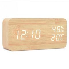 Επαναφορτιζόμενο Ηλεκτρονικό LED USB Ξύλινο Ρολόι, Ξυπνητήρι, Θερμόμετρο - LED Wooden Clock Μπεζ