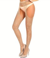 Crotchless Stockings With Rhinestones  Beige - S/M