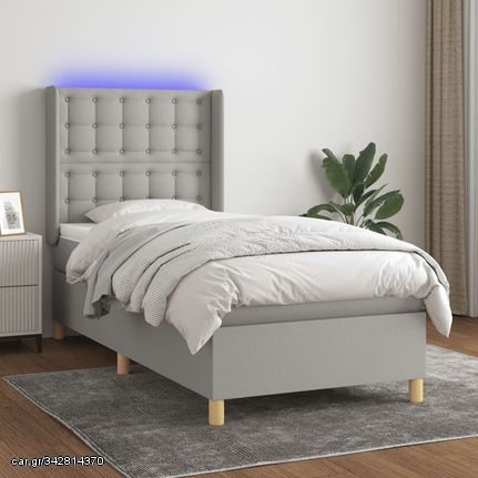 vidaXL Κρεβάτι Boxspring με Στρώμα & LED Αν.Γκρι 90x200 εκ. Υφασμάτινο