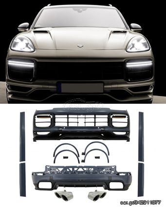 Complete Body Kit with Exhaust Muffler Tips Quad Chrome Porsche Cayenne (9Y0) (2018-Up) Conversion to Turbo & Aero Look
