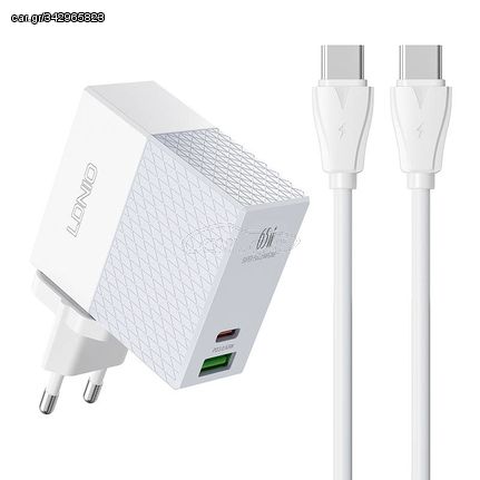 Φορτιστής τοίχου Ldnio A2620C, 65W, 3A, 1 x USB-A - 1 x USB-C, με καλώδιο USB-C, Λευκό