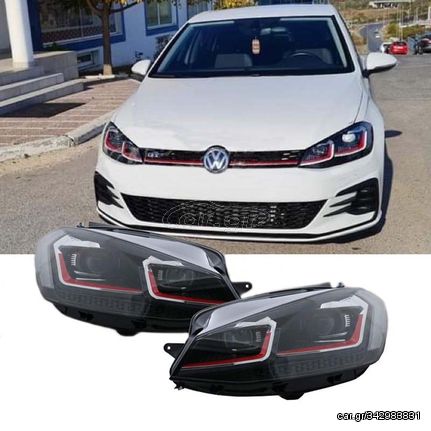 Μπροστινά Φανάρια Set Για Vw Golf 7.5 17-19 Facelift DRL & Dynamic Signal Μαύρα Με Κόκκινη Γραμμή GTI Look H7 Με Μοτέρ Carner