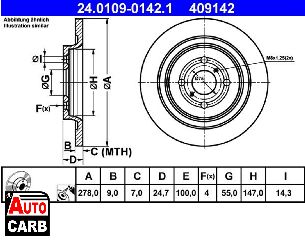 Δισκοπλακα ATE 24010901421 για DAIHATSU CHARADE 2011-, TOYOTA VIOS/YARIS 2005-2013, TOYOTA YARIS 2005-2014