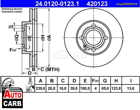 Δισκοπλακα ATE 24012001231 για AUDI 80 1972-1987, AUDI COUPE 1980-1988, SEAT CORDOBA 1993-2002