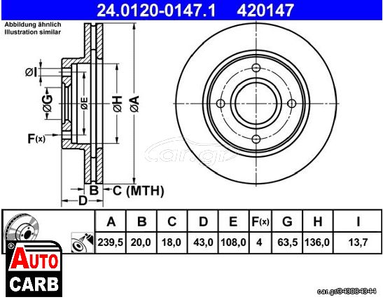 Δισκοπλακα ATE 24012001471 για FORD COURIER 1996-2013, FORD ESCORT 1990-2002, FORD FIESTA 1983-2006