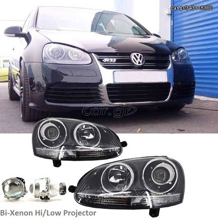 Μπροστινά Φανάρια Set Για Vw Golf V (5) 03-08 Bi-Xenon Projectors GTI / R32 Look Χρώμιο H7/H7 Με Μοτέρ & E-Mark Carner