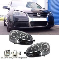 Μπροστινά Φανάρια Set Για Vw Golf V (5) 03-08 Bi-Xenon Projectors GTI / R32 Look Μαύρα H7/H7 Με Μοτέρ & E-Mark Carner