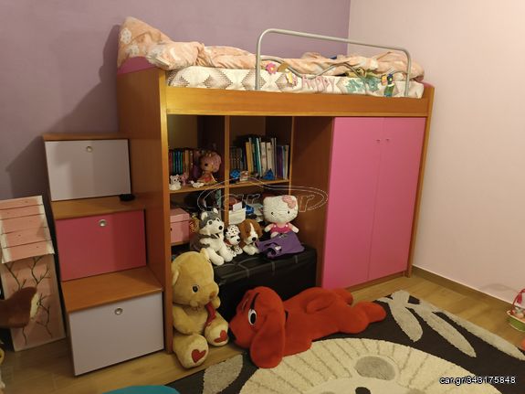 Πωλείται παιδικό κρεβάτι με βιβλιοθήκη, ντουλάπα, αποθηκευτικό χώρο στα σκαλοπάτια, γραφείο και συρταριερα