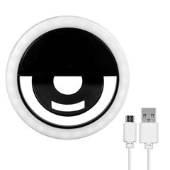 GloboStar® 79043 Selfie Ring Light LED SMD 2W 200 lm Μαύρο Σώμα με Ενσωματωμένη Επαναφορτιζόμενη Μπαταρία 500mAh & Καλώδιο Φόρτισης Micro USB Ψυχρό Λευκό 6000 K για Κινητό Τηλέφωνο και Tablet Φ8.5