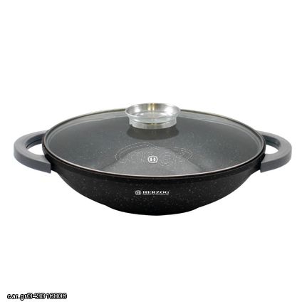 Herzog HR-5230: 36cmMarble Coated Wok with Glass Lid Aroma Knob - 6.2L