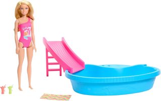 Barbie - Doll And Pool Playset, Blonde With Pool, Slide, Towel And Drink Accessories (HRJ74) / Toys