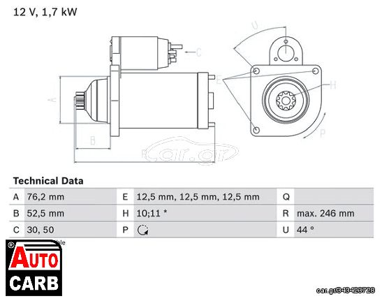 Μίζα BOSCH 0986020250090 για SKODA SUPERB 2008-2015, VW CADDY 2004-2015, VW GOLF 2003-2013