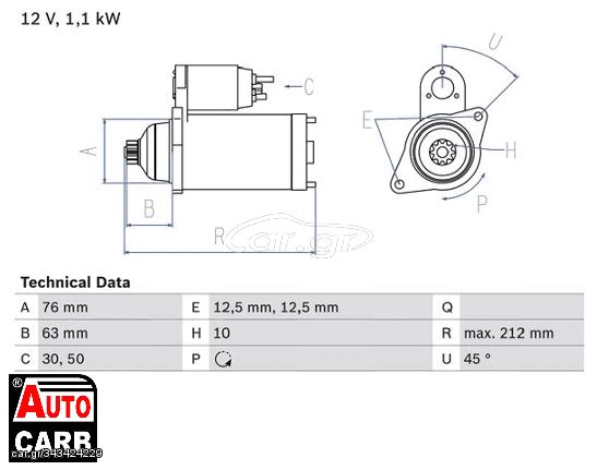 Μίζα BOSCH 0986027090090 για SKODA FABIA 2006-2014, SKODA OCTAVIA 2004-2013, SKODA ROOMSTER 2006-2015