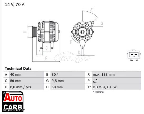 Δυναμό BOSCH 0986038070090 για VW CADDY 1995-2015, VW CORRADO 1987-1995, VW GOLF 1989-2007