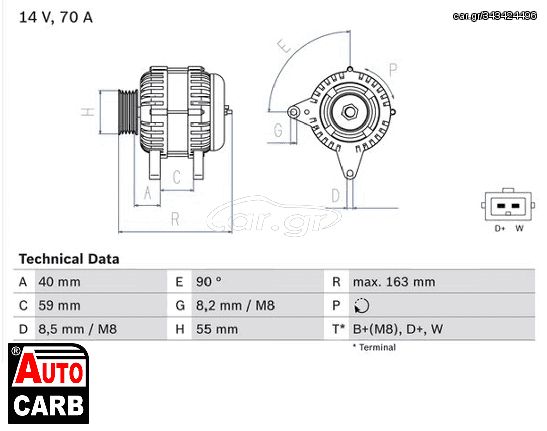 Δυναμό BOSCH 0986038390090 για SEAT IBIZA 1993-2002, SEAT INCA 1995-2003, SEAT TOLEDO 1991-1999