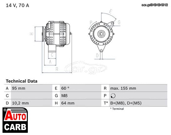 Δυναμό BOSCH 0986038730090 για CITROEN ZX 1991-1999, PEUGEOT 106 1991-2005, PEUGEOT 206 1998-2009