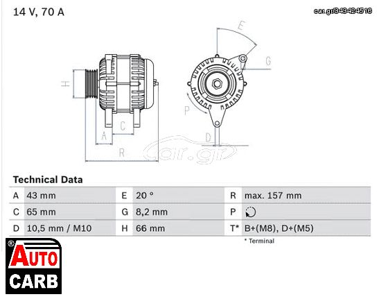 Δυναμό BOSCH 0986038740090 για PEUGEOT PARTNER 1996-2015, SUZUKI SAMURAI 1984-2004, SUZUKI VITARA 1988-2002