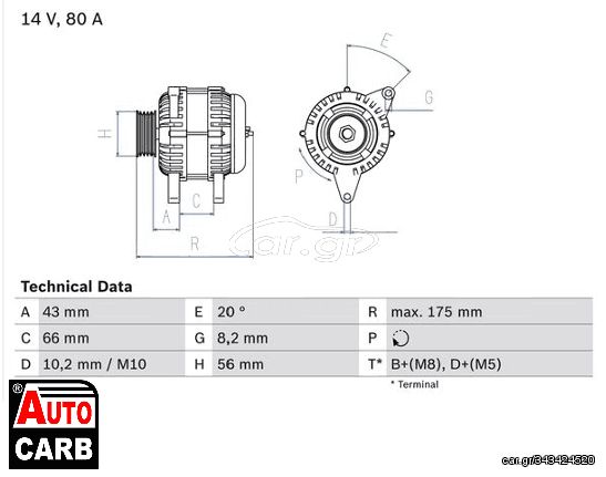 Δυναμό BOSCH 0986038781090 για FIAT DUCATO 1994-2005, FIAT SCUDO 1996-2006, PEUGEOT 306 1993-2003