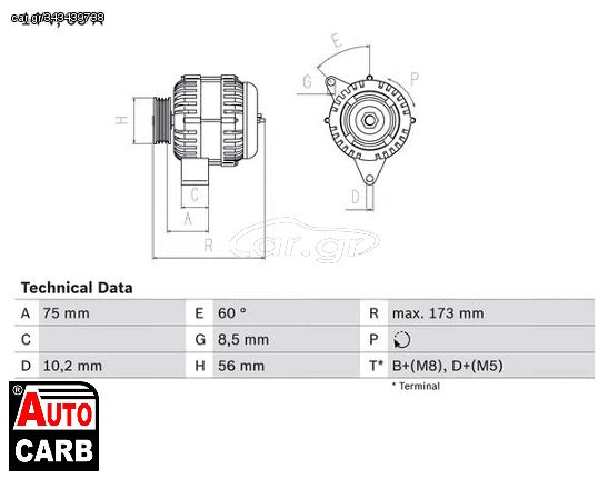 Δυναμό BOSCH 0986042111090 για PEUGEOT 106 1996-2005, PEUGEOT 306 1993-2003, PEUGEOT PARTNER 1996-2015