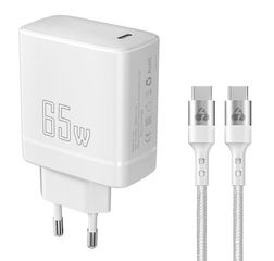 Powertech PT-1181 Λευκός Φορτιστής Τοίχου  Με καλώδιο USB-C 65W GaN*