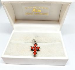 Ασημένιο 925  μενταγιόν με φυσικό κόκκινο κοράλλι Vintage σταυρό Α9526 ΤΙΜΗ 65 ΕΥΡΩ-thumb-1