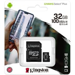 Kingston Micro Secure Digital 32GB microSDXC Canvas Select Plus 80R CL10 UHS-I Card + SD Adapter (SDCS2/32GB) - KINGSTON TECHNOLOGY
