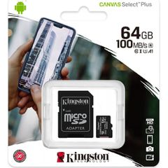 Kingston Canvas Select Plus SDHC 64GB, Read 100MB/S, Class 10, SD Adapter (SDCS2/64GB) - KINGSTON TECHNOLOGY