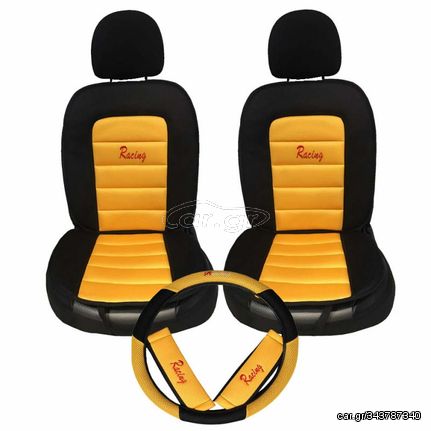 Πλατοκαθίσματα Αυτοκινήτου Με Μαξιλαράκια Ζωνών Και Κάλυμμα Τιμονιού Racing Μαύρο/Κίτρινο 5 Τεμάχια