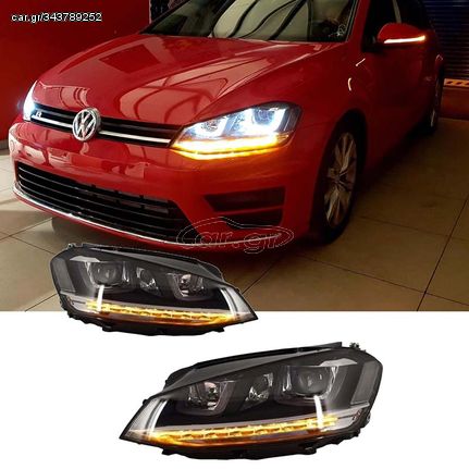 Μπροστινά Φανάρια Set Για Vw Golf VII (7) 12-17 U-Type DRL & Led Φλας Dynamic GTI R-Line Look Μαύρα H7/H7 Με Μοτέρ Carner