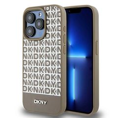 DKNY MagSafe Lederhülle mit bedrucktem Muster und Metalllogo für iPhone 15 Pro – Braun