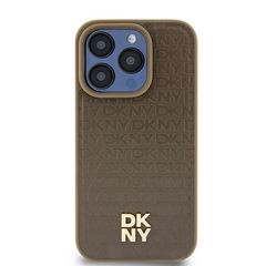 DKNY MagSafe-Hülle aus Leder mit Muster und Metalllogo für iPhone 15 Plus / 14 Plus – Braun