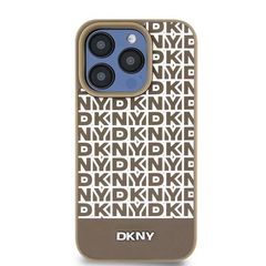 DKNY MagSafe Lederhülle mit bedrucktem Muster und Metalllogo für iPhone 15/14/13 – Braun