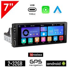 Kirosiwa Android 2+32GB οθόνη αφής 7" ιντσών 16:9 με Ελληνικό GPS πλοηγό, Android Auto και Apple Carplay (Bluetooth USB Type C widescreen WI-FI Youtube ηχοσύστημα Playstore 1 DIN MP3 ραδιόφωνο 4x