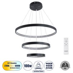 GLOBOSTAR® DIAMOND TRIO 61523 Μοντέρνο Κρεμαστό Φωτιστικό Οροφής LED 100W 11200lm 360° AC 220-240V IP20 Ρυθμιζόμενο Λευκό CCT με Χειριστήριο από 2700K έως 6000K Dimmable - Lumileds SMD Chip - Μαύρο Μα