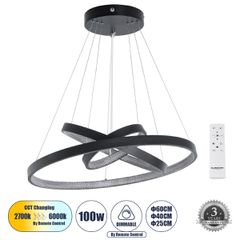 GLOBOSTAR® DIAMOND TRIO 61523-DECO Μοντέρνο Κρεμαστό Φωτιστικό Οροφής LED 100W 11200lm 360° AC 220-240V IP20 Ρυθμιζόμενο Λευκό CCT με Χειριστήριο από 2700K έως 6000K Dimmable - Lumileds SMD Chip - Μαύ