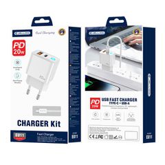 Φορτιστής Κινητού JELLICO wall charger EU11 PD 20W 1xUSB-C + 1xUSB QC3.0 + cable USB-C - USB-C White
