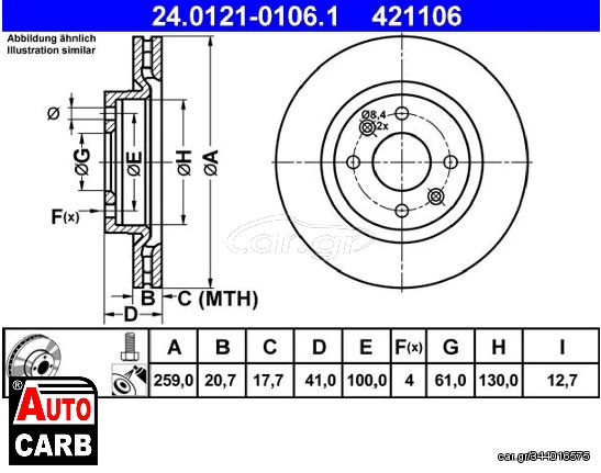 Δισκοπλακα ATE 24012101061 για RENAULT MEGANE 1996-2001, RENAULT SANDERO/STEPWAY 2007-, RENAULT THALIA 1998-