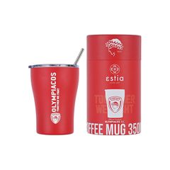 Estia 00-13264 Coffee Mug Olympiacos B.C. Ποτήρι Θερμός με Καλαμάκι Κόκκινο 350ml