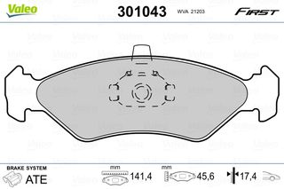 Σετ τακάκια, δισκόφρενα VALEO 301043 Ford Fiesta 1100cc 50ps 1989-1995 (1013843,1064762,5025919,6188427)