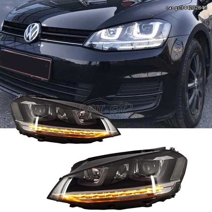 Μπροστινά Φανάρια Set Για Vw Golf VII (7) 12-17 U-Type DRL & Led Φλας Dynamic R-Line Look Μαύρα Bi-Led Projector Με Μοτέρ Carner