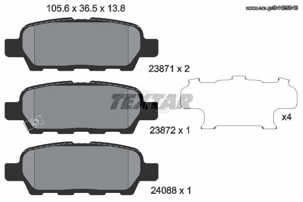 Σετ τακάκια, δισκόφρενα TEXTAR 2387101 Nissan Qashqai 1500cc dCi 103ps 2008-2013 (410601408R,440608H385,44060AL585,44060AL586,44060AL587)