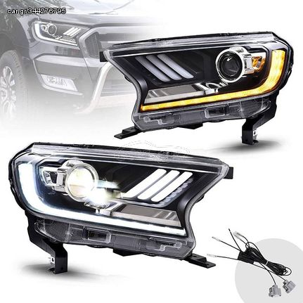 Μπροστινά Φανάρια Set Για Ford Ranger T7 T8 2016-2020 Munstang Look DRL Dynamic Μαύρα Full Led Με Μοτέρ