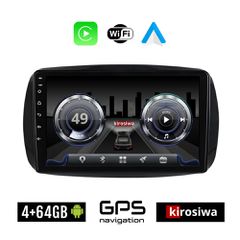 KIROSIWA 4+64GB SMART 453 (μετά το 2016) Android οθόνη αυτοκίνητου 4GB με GPS WI-FI (ηχοσύστημα αφής 9" ιντσών FORTWO OEM Youtube Playstore MP3 USB Radio Bluetooth Mirrorlink 4x60W Apple Carplay Andro