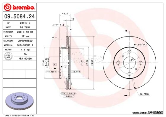 Δισκόπλακα BREMBO 09508424 Toyota Corolla HatchBack 1600cc 90ps 1987-1992 (4351212250,4351212290,4351212440,4351212480,4351220310)