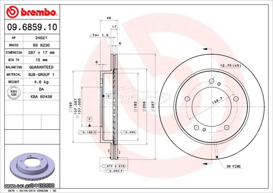 Δισκόπλακα BREMBO 09685910 Suzuki Jimny 1500cc DDiS 4x4 86ps 2005- (5521156B00,5521156B01)