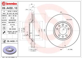 Δισκόπλακα BREMBO 09A43010 Citroen C5 2000cc HDI 150ps 2009-2015 (1440027088,424924,424925,424992,4249K0)